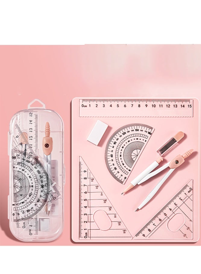 8PCS Mathematics Compass Geometry Student Drawing Set, Starter Kit Includes Compass, Set Square, Eraser, Replacement Leads, Protractor, Set Square and Storage Case Suitable for School Mathematics Studies, Pink
